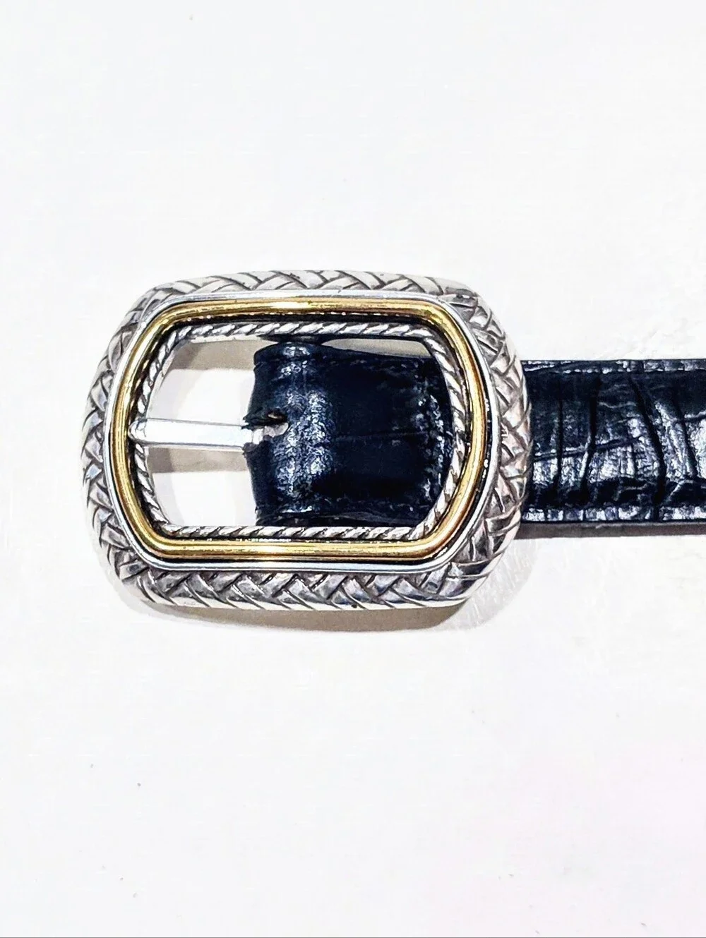 Reversible Leather Belt Black Brown Croc Embossed Two Tone Silver Gold Buckle 30